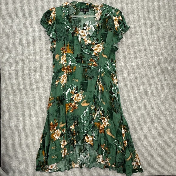 Suzanne Betro Floral Dress Ruffle Trim High Low Hem Green‎ Size 1X Fairy Y2K - Picture 1 of 8